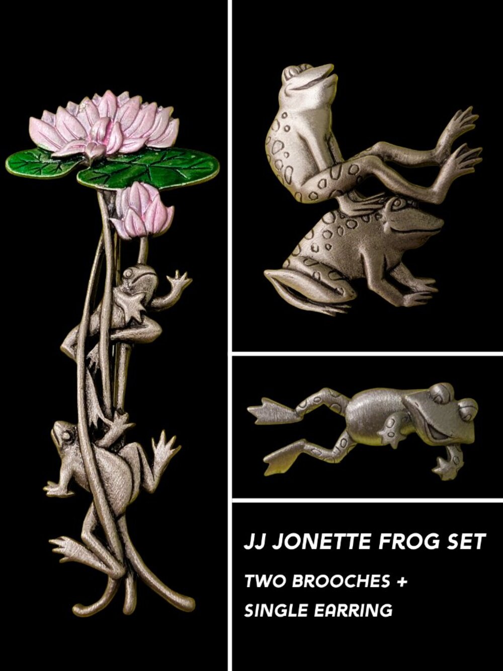 Vintage JJ Jonette Pewter Frog/Lotus/Water Lily 2 Brooch Pins Single Earring Set